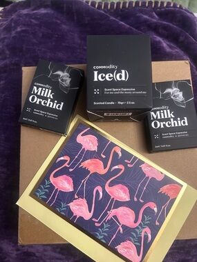 COMMODITY FRAGRANCE GIFT , candle , and two 2 ml perfumes & one iced l 2.5
